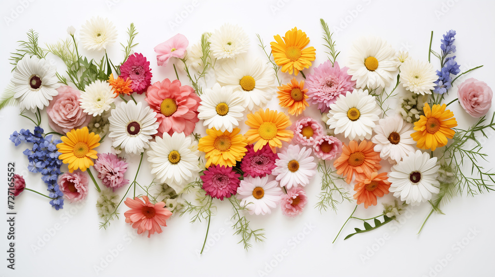 photo of flowers in a pattern, overhead view, white surface 2