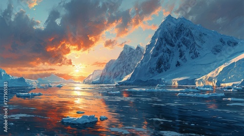 Sun-kissed ice shelves, ethereal glow, seals basking, reflective waters, hyper-detailed Antarctic sunset Generative AI photo