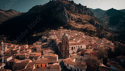 Aerial view of a beautiful Italian mountain town Centuripe, Sicily, Italy, Europe minimalist background, Ai generated image