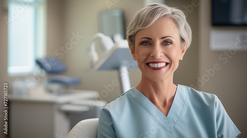 At the dentist's office, a senior woman radiates satisfaction, looking directly at the camera with a sense of assurance.