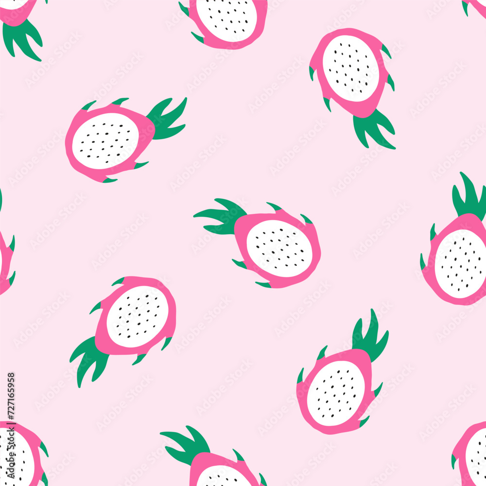 Seamless pattern with pink pitaya fruits. Seamless print with dragon fruit slices. Seamless pattern with pink pitaya fruits. Seamless print with dragon fruit slices.