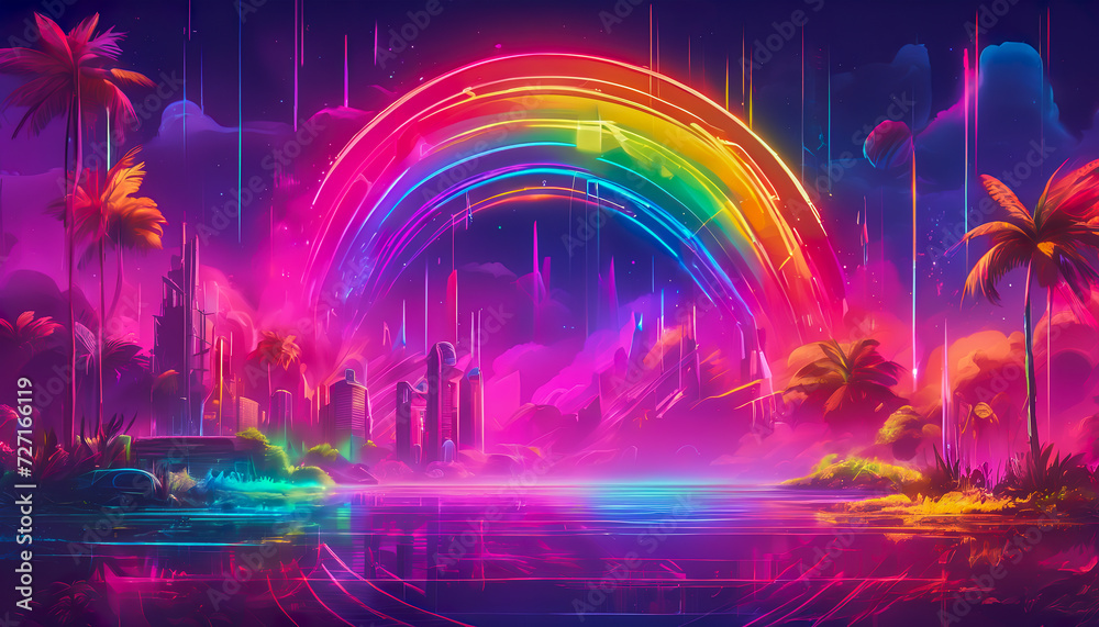 ai generated Abstract futuristic neon glitter landscape view, retro rainbow cyberpunk style, neon light background, banner sci-fi blue-purple-pink-red. 