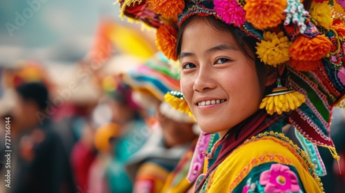 Woman in Colorful Headdress Smiles for Camera, Spring