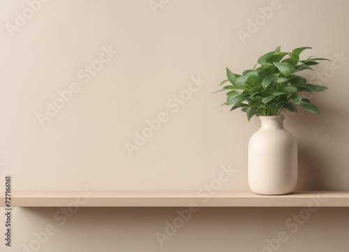 Cream color wall mock up with Vase and green plant on wooden shelf, Generative AI