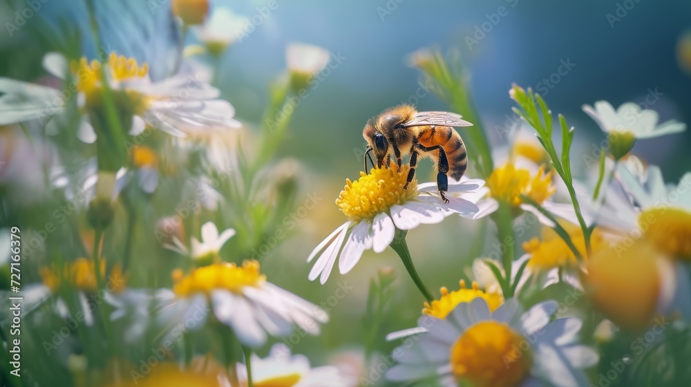 Bee Perched on White and Yellow Flower in Close-Up View, Spring Bee Perched on White and Yellow Flower in Close-Up View, Spring