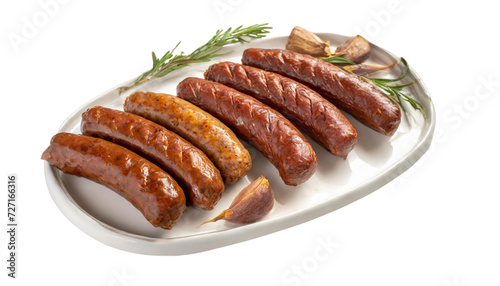 Sausages with spices and herbs isolated on transparent background. Top view.