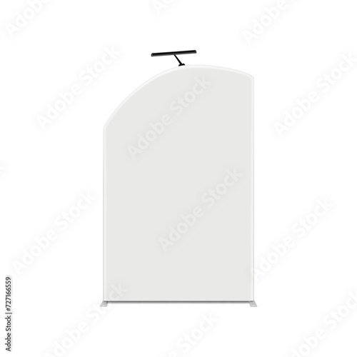 White blank tradeshow display with black LED light vector mockup. Backdrop banner for trade show booth front view mockup. Modular exhibition stand. Template for design