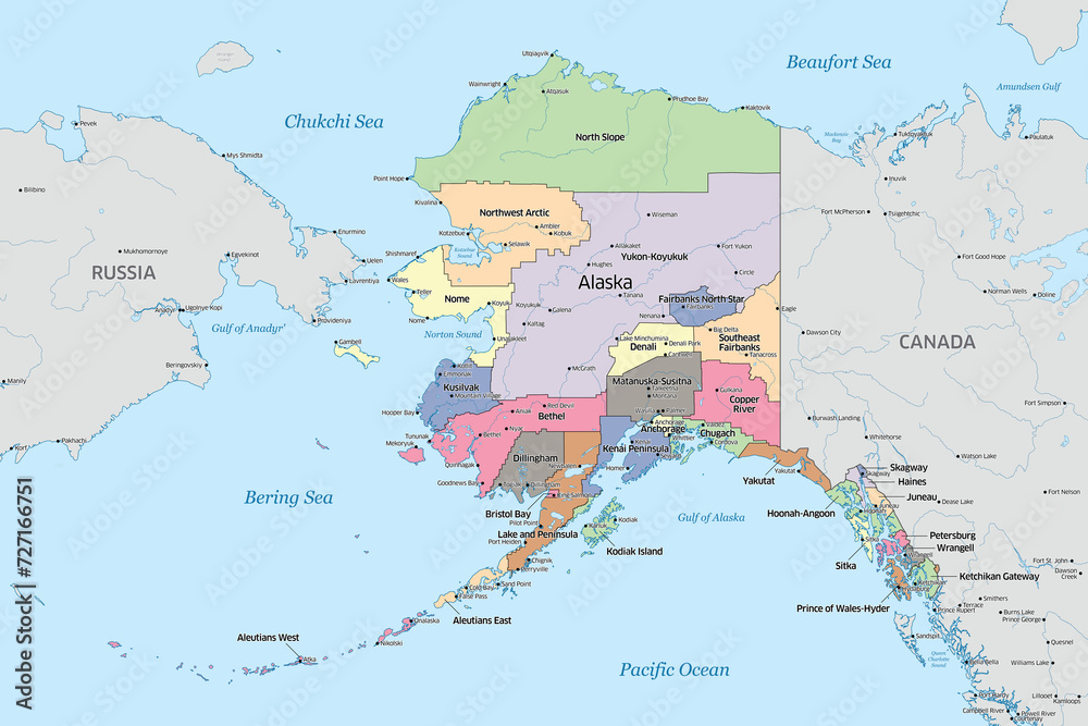 Political map showing the counties that make up the state of Alaska in the United States