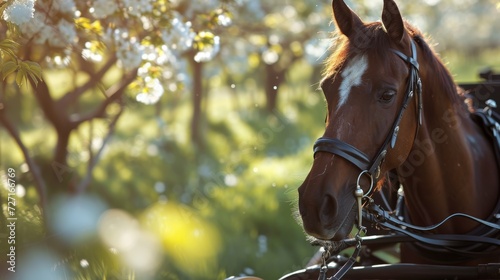 Brown Horse Standing Next to Tree With White Flowers, Spring