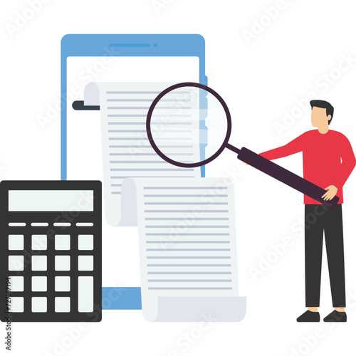 Financial invoice or bill concept. payment and debt management. Explore the character of reading and calculating long financial bills or invoices online in the mobile application on the smartphone.