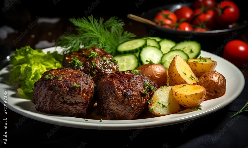 a classic hungarian meat ball with potato and salad