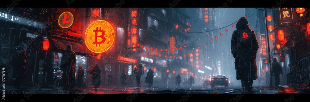 A futuristic city where all transactions are done in Bitcoin, showcasing glowing digital currency signs and people trading in the streets