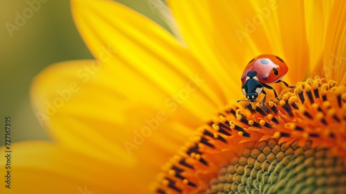 Ladybug Resting on Sunflower Petal in Blooming Garden, Spring
