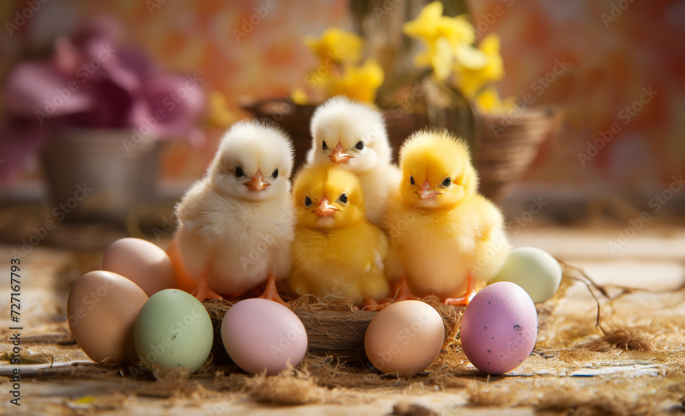 White and yellow fluffy baby chicks grouped together and surrounded by multi colored Easter eggs.