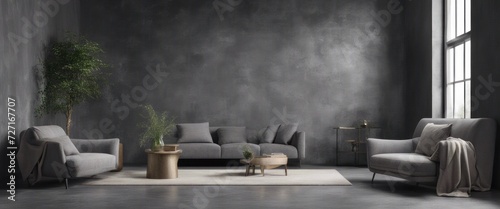 Style loft interior with gray armchair on dark cement wall, Generative AI