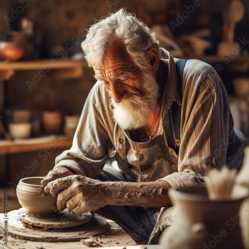 Stock image of an elderly man doing pottery, creative and focused on craftsmanship Generative AI