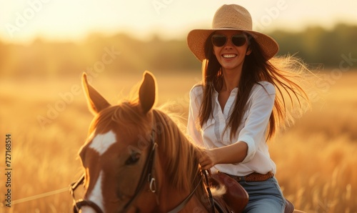 Cowboy woman on riding on horse. Beautiful cowgirl posing on prairie in sunset light. © Filip