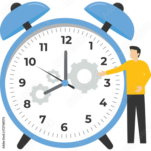 Efficiency or productivity concept, improving performance with effective processes, employers combine timers and gears for best efficiency, managing resources and time to optimize the best work result
