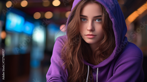 a photo captures the charm of a young woman with long hair and captivating blue eyes, pointing to the right side.