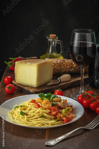 Spaghetti with shrimps, cherry tomatoes and spices on wooden background. Food background.