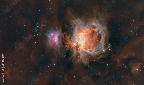 Astrophoto made with telescope of the Orion Nebula or M42, with red hydrogen gas © Thomas