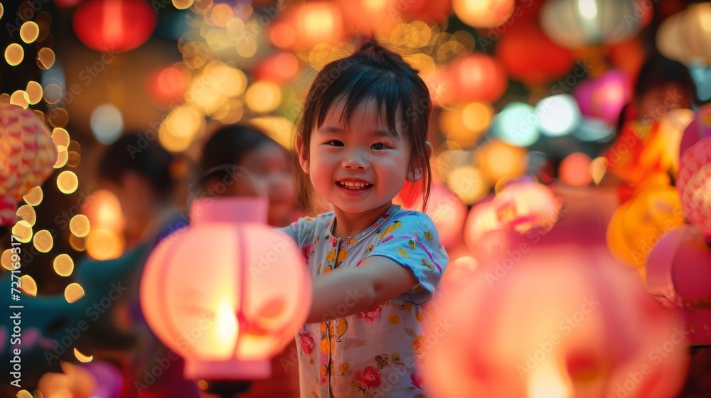 Little Girl Standing in Front of Lanterns at Night, Ramadan Little Girl Standing in Front of Lanterns at Night, Ramadan
