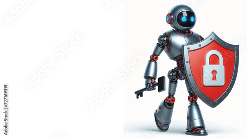 A robot holding a shield with a lock icon on it and a key. isolated in white background