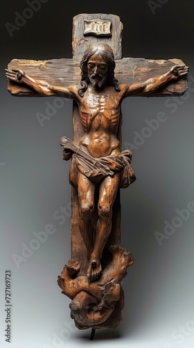 detailed carving of Jesus Christ on a wooden cross. ai generated