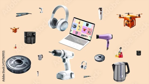 Technology products coming out from inside the laptop. Sales of e-commerce and shopping products.