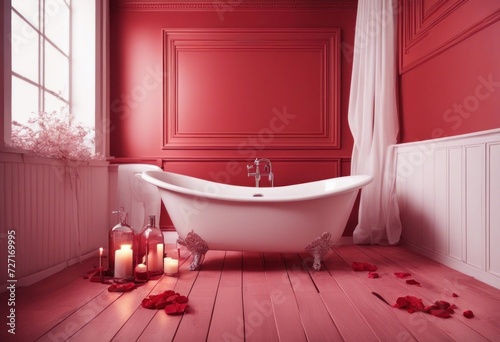 Valentine's day in bathroom with bathtub on empty red wall, Generative AI photo