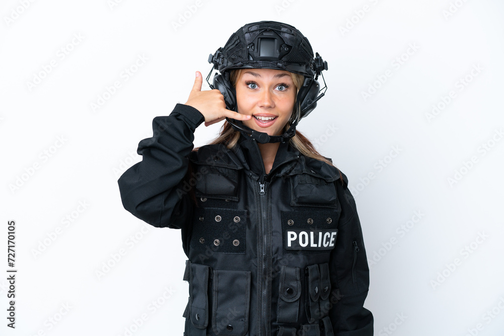 SWAT Russian woman isolated on white background making phone gesture. Call me back sign SWAT Russian woman isolated on white background making phone gesture. Call me back sign