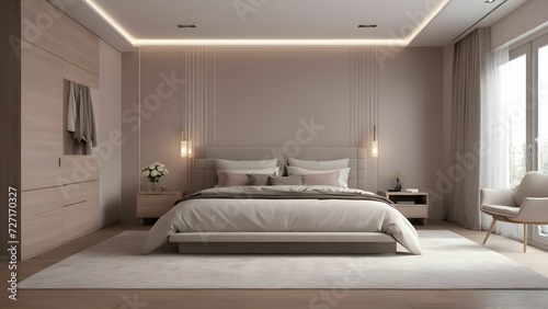 modern interior design. 3D rendering of the bedroom. Front view.