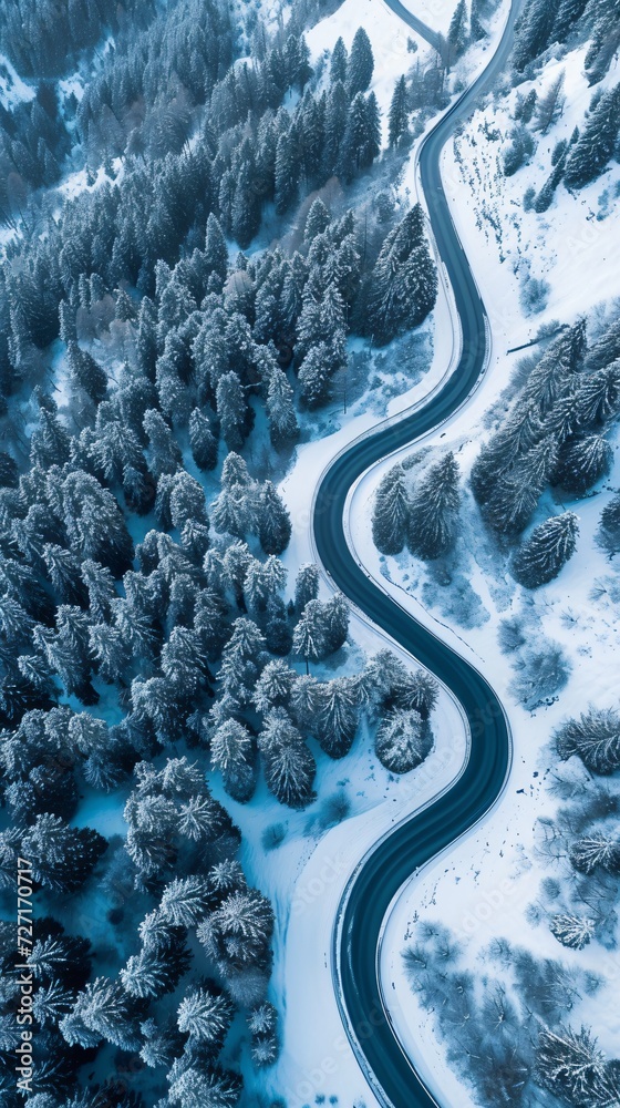 Aerial view of the winding Snake Road in winter in the Dolomite Alps of Italy