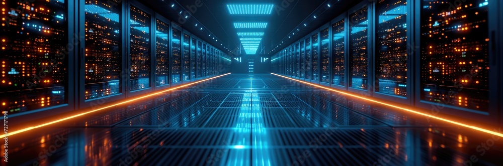  A high-tech blockchain data center with rows of glowing servers under cool