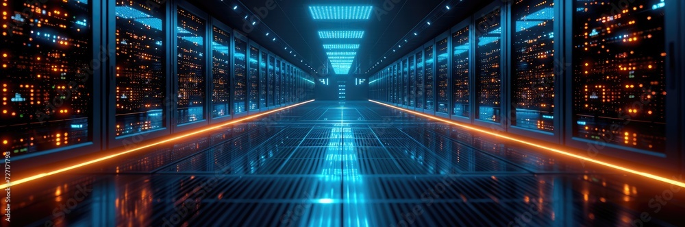 A high-tech blockchain data center with rows of glowing servers under cool A high-tech blockchain data center with rows of glowing servers under cool