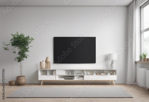 Mockup a TV wall mounted in a living room room with a white wall, Generative AI