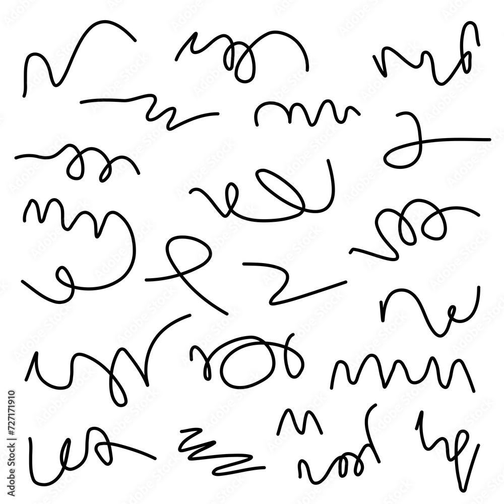 Scribble curly strokes vector set isolated. Black curly lines, doodle style sketchs. Scribble curly strokes vector set isolated. Black curly lines, doodle style sketchs.