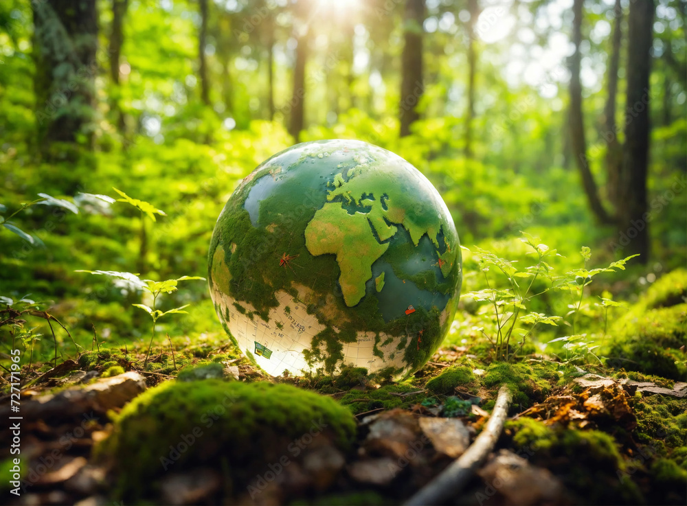 earth globe in a mossy ground earth globe in a mossy ground