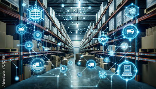 A modern warehouse with augmented reality icons representing logistics and supply chain management technology overlaying a scene of shelves stocked with goods.Modern warehousing concept. AI generated.