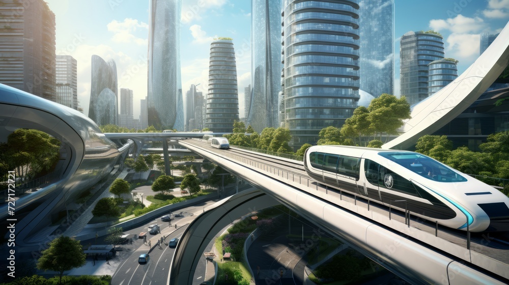 A digitally simulated urban environment showcasing cutting-edge architecture, high-speed transit systems, and automated services in a sustainable city of tomorrow Generative AI - obrazy, fototapety, plakaty 