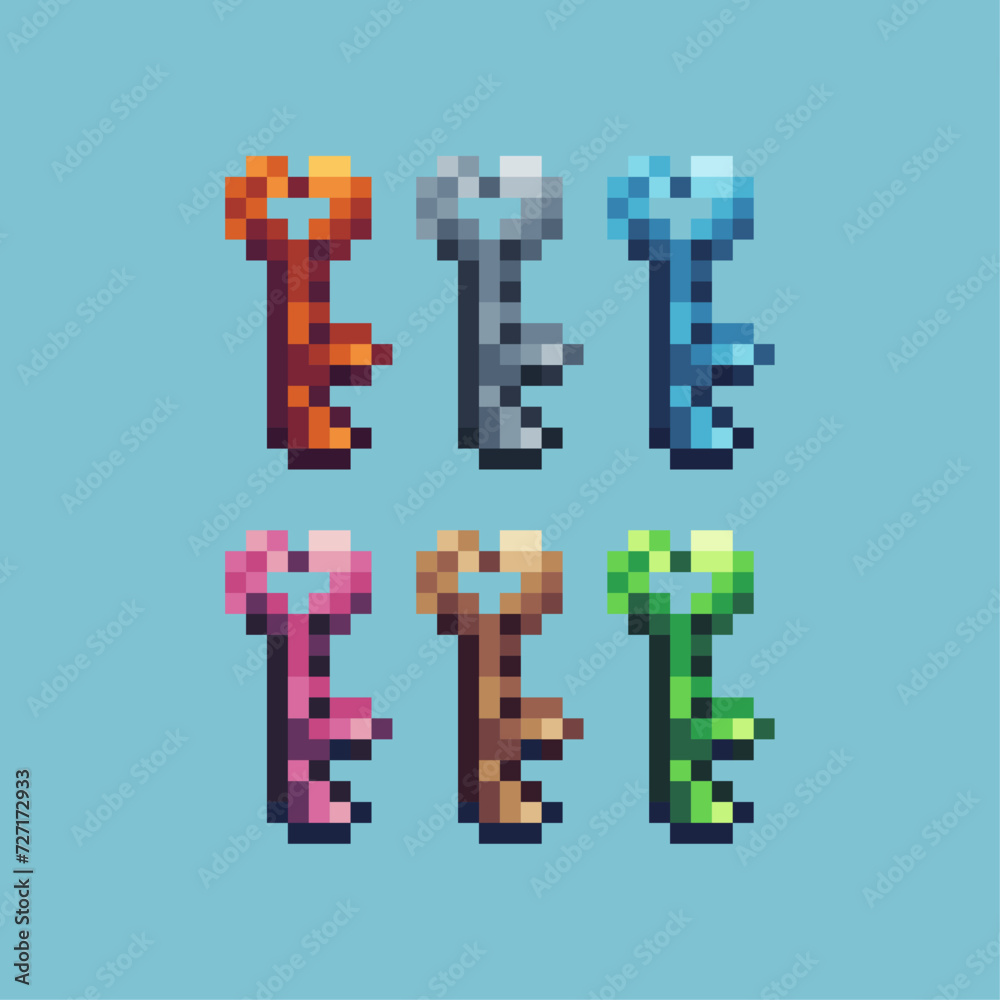 Pixel art sets icon of heart key variation color. Heart key shape icon on pixelated style. 8bits Illustration, perfect for design asset element your game ui. Simple pixel art icon asset. Pixel art sets icon of heart key variation color. Heart key shape icon on pixelated style. 8bits Illustration, perfect for design asset element your game ui. Simple pixel art icon asset.