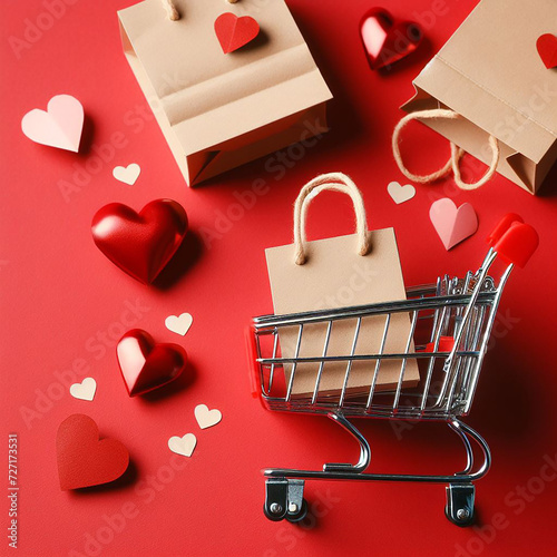 Small paper shopping bags with shopping cart on red background