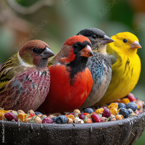 Various Birds Visiting a Cluttered Bird Feeder © Sekai