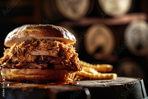 commerical shot of a mouth watering pulled pork sandwich  photo