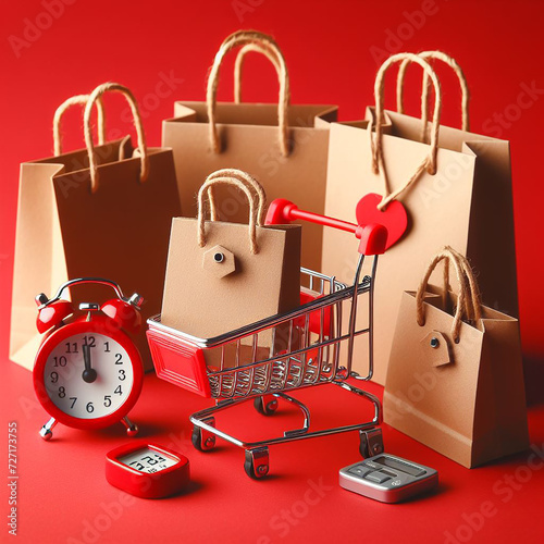Small paper shopping bags with shopping cart on red background