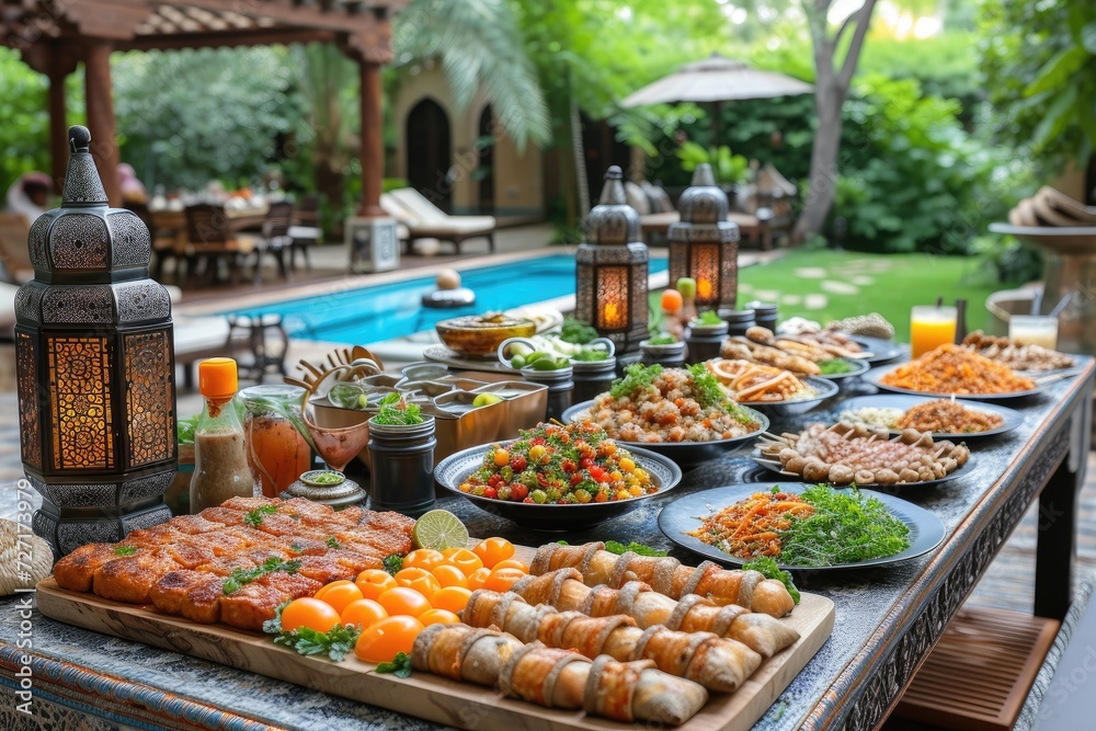 serves various meal to iftar Ramadan advertising food photography