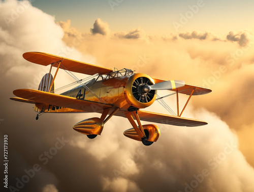 "A vintage biplane soaring through the blue sky, leaving behind a graceful aerobatic trail."