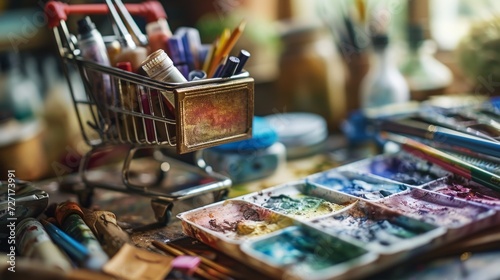 School supply shopping spree, miniature carts filled with stationery, feminine sticker art details, atmospheric watercolors in white and bronze, grocery art-inspired school scene Generative AI