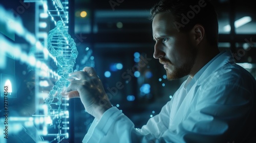 male scientist or researcher interacting with a three-dimensional holographic strand of DNA. genetic engineering, biotechnological research or molecular biology.