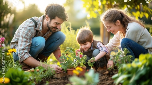 happy family moment in the garden: a man and a woman helping a little boy plant flowers.